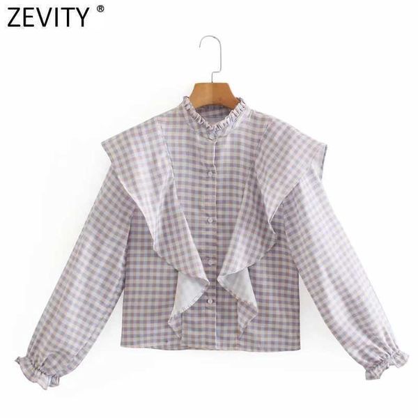 

zevity women vintage stand collar plaid print cascading ruffle shirt female breasted blouse roupas chic chemise ls9097 210603, White
