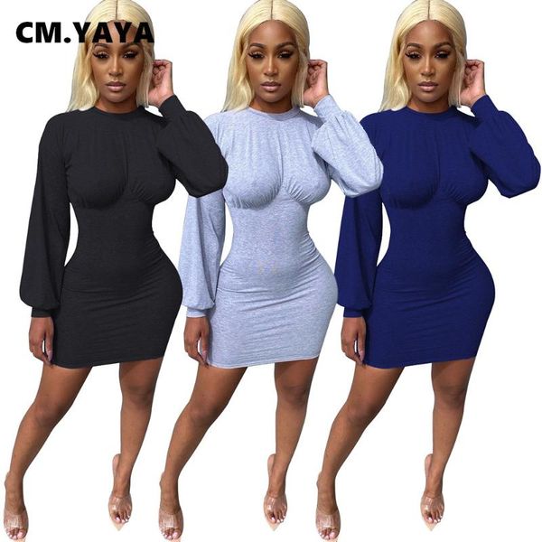 

casual dresses cm.yaya winter o-neck long sleeve mini bodycon dress for women bandage street club party night cotton, Black;gray