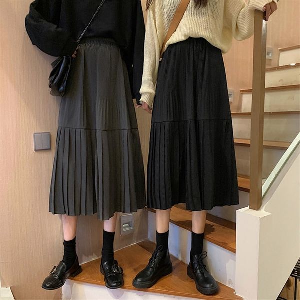 

elegant solid midi pleated skirt women autumn winter ladies korean high waist a-line school long skirt female 210310, Black