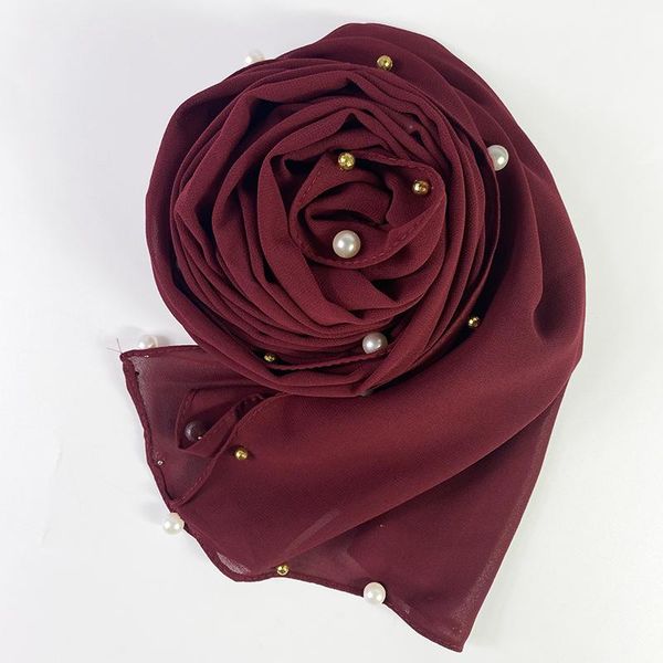 

ethnic clothing 2021 women plain bubble pearl chiffon scarf head hijab wrap solid shawls headband foulard femme muslim hijabs stores, Red