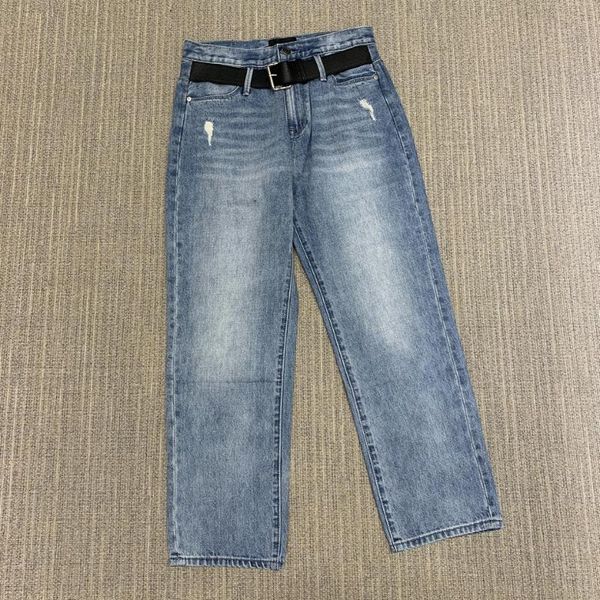 

women's jeans fashion casual high-waist straight-leg women with belt distressed, Blue
