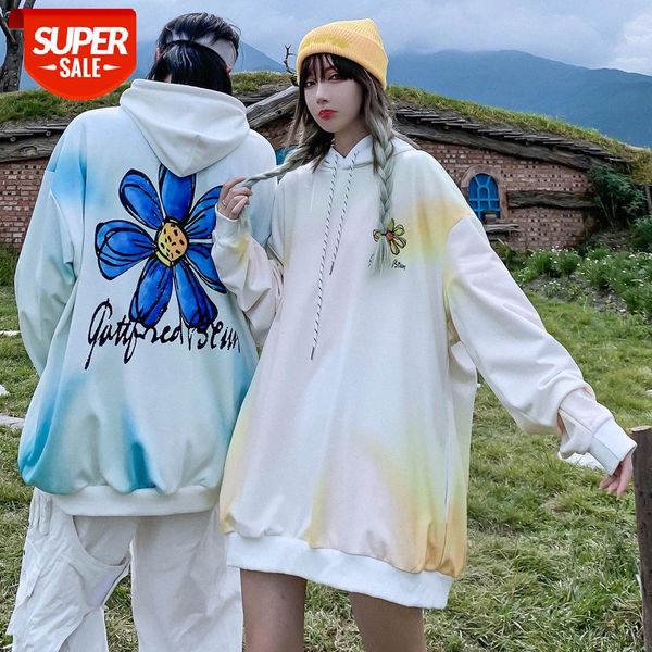 

brand tie-dye hand-painted sunflower watercolor oil painting couple men and women loose hooded sweater #rs8v, Black