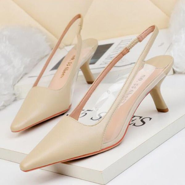

dress shoes patchwork pvc pointed toe slingback pu pumps women elastic band sandals clear korean solid thin high heels woman2021, Black