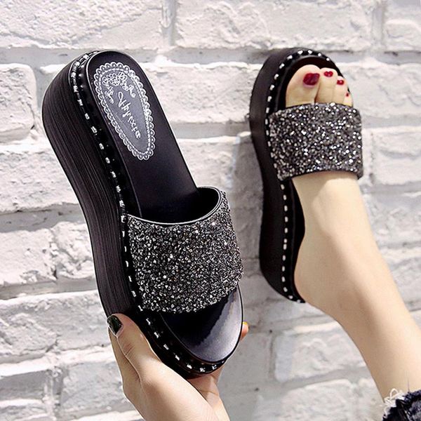 

slippers casual shoes platform women heels slides pantofle on a wedge luxury flat soft high 2021 pu fabric fashion female, Black