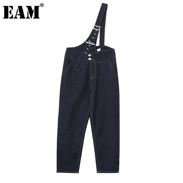 

women's jeans [eam] high waist blue denim casual one strap overalls loose women trousers fashion tide spring autumn 2021 1de0862