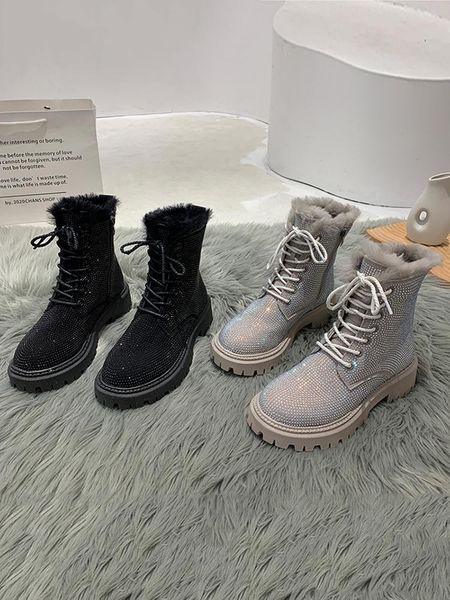 

boots women's shoes snow 2021 winter plush warmth flashing diamond lace-up zipper motorcycle, Black