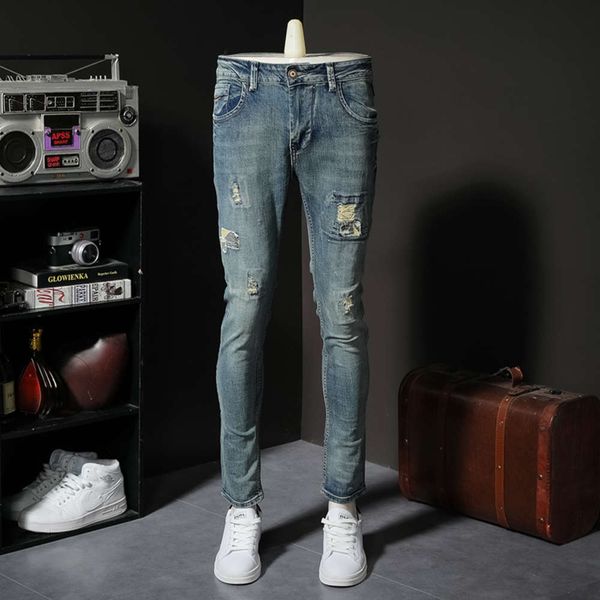 

spring and autumn cut jeans straight slim pants for young men, Blue
