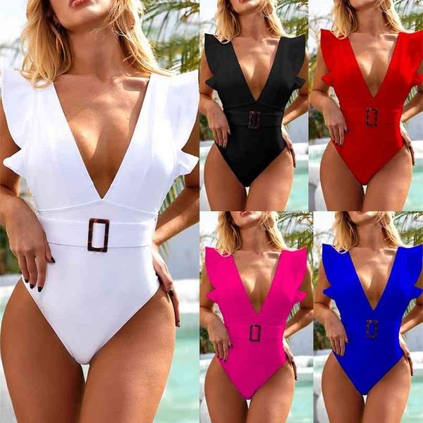 TYAKKVE Sexy Deep-V Costume da bagno Femminile Donna Vintage Retro Costume da bagno High Cut Ruffle Swimwear Backless Monokini 210625