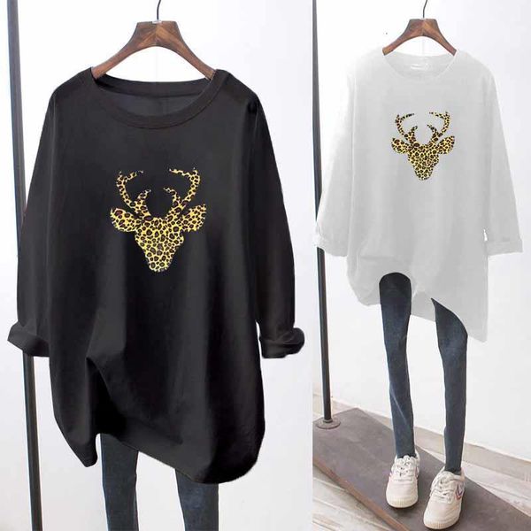 

100% cotton women's clothing 2021 autumn cartoon printing bottoming loose t-shirt ladies round neck long sleeve, White