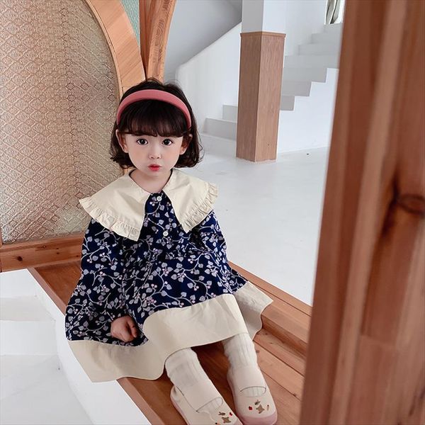 

korean style retro floral girl dress patchwork long sleeve girls cotton big turn down collar princess dresses, Red;yellow