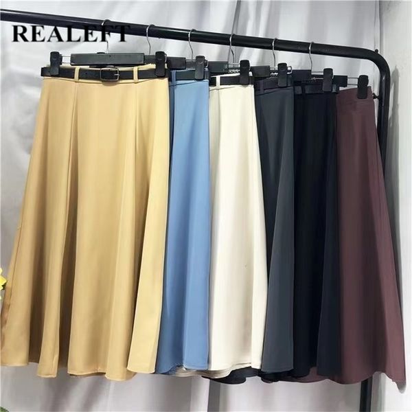 

realeft spring summer umbrella women's skirts with belted high waist solid elegant a-line female office mi-long 210629, Black