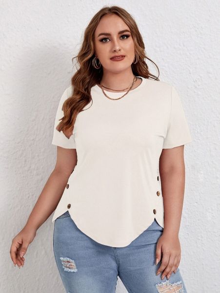 

plus button detail asymmetric hem tee k5vb#, Black