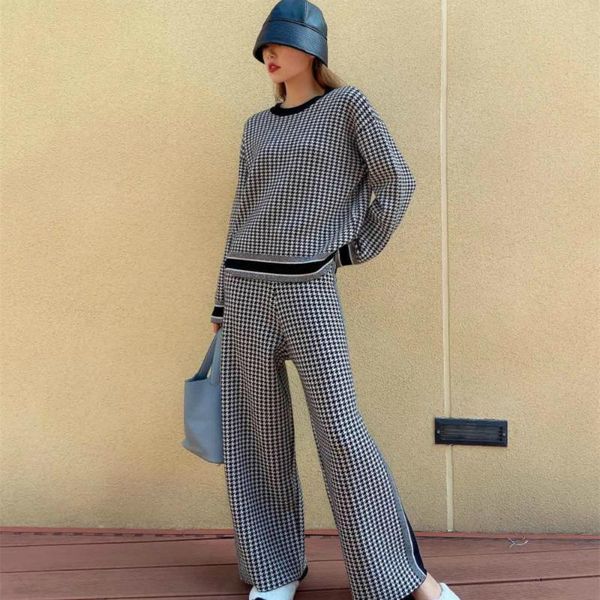 

women's tracksuits women autumn winter houndstooth knitted sweater 2 two piece set casual round collar pullover +wide leg pants, Gray