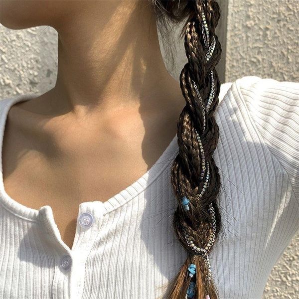 

hair accessories european and american style long tassel braided hairpin simple binding thin chain side clip, Slivery;white