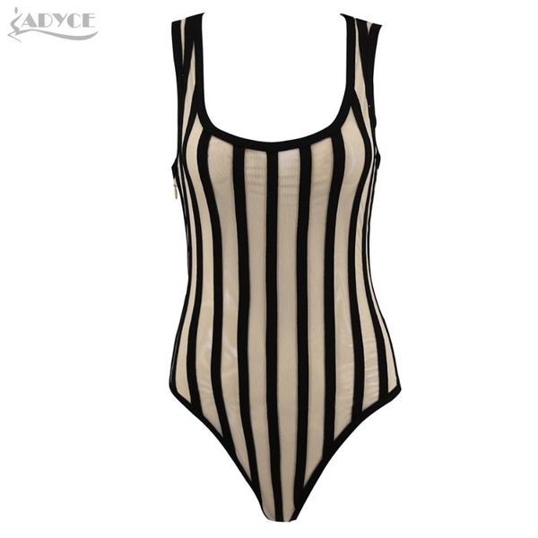 

women's jumpsuits & rompers adyce 2021 chic summer short bandage o-neck sleeveless lace hollow out mesh side zipper women bodycon bodys, Black;white