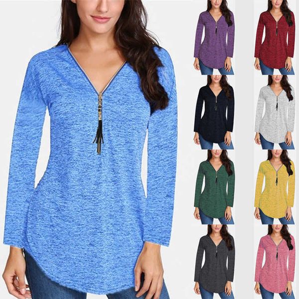 

spring and 2021 autumn v-neck tassel zipper swallow tail solid color leisure long sleeve t-shirt for women, White