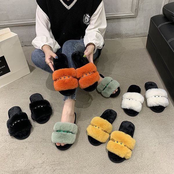 

2021 fur shoes women flock cork slippers autumn fashion outdoor furry sandals woman fluffy flip flops mules fur slippers, Black