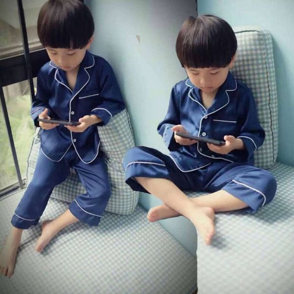 

haomengfen home boys' silk pajamas autumn girls' long sve middle and large children's suit, Blue;red