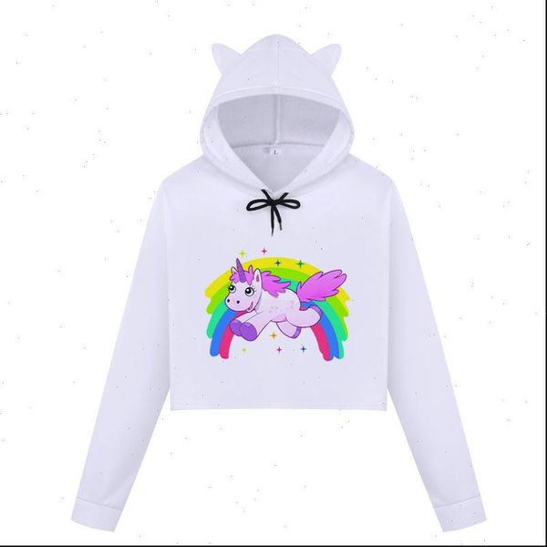 

kpop rainbow unicorn women crop hoodie winter harajuku cute cat ear cropped sweatshirts casual cartoon unicorn print hoodies, Black