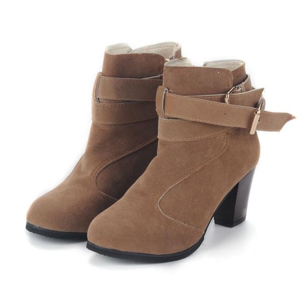 

boots fashion plain high heel ankle round toe spring female double buckle shoes, Black