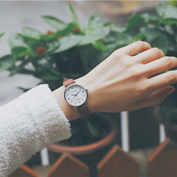 

korean version of simple literary retro wild small fresh college fengsen female middle school student watch, Slivery;brown