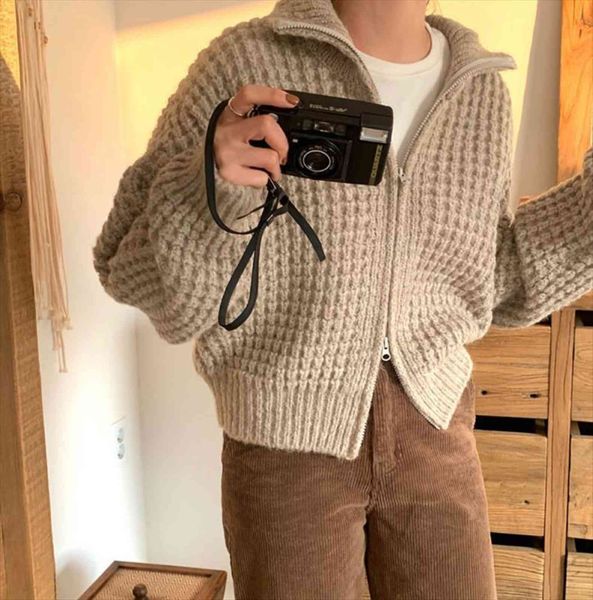 

womens long zip up women sweater light oversized vintage plaid turn down collar cropped short jacket spring outerwear, White;black