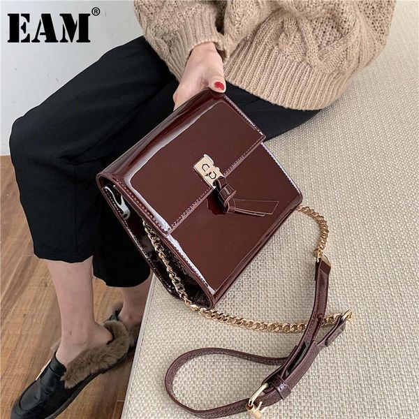 

cross body [eam] women spring glossy square patent leather flap personality all-match crossbody shoulder bag fashion tide 2021 18a1803