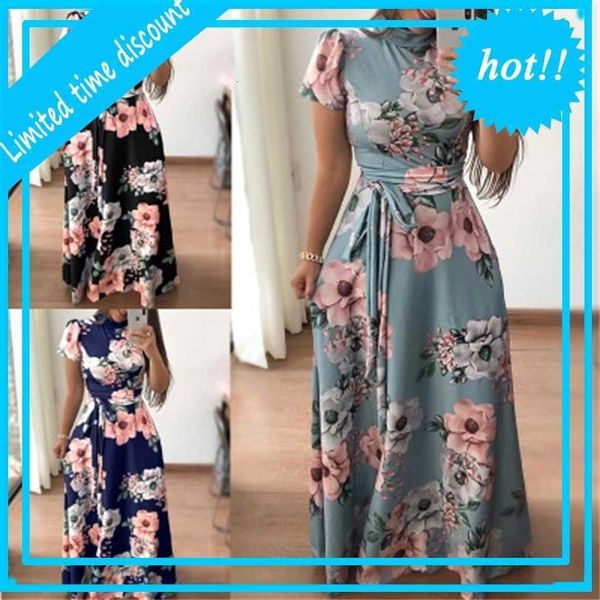 

2021 summer women's casual short mouw long dress boho flower print maxi jurken strik elegant dresses vestido big year, Black