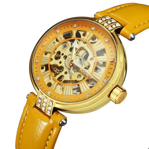 

wristwatches forsining skeleton watch iced out ladies watches female wristwatch automatic mechanical clock zegarek damski, Slivery;brown