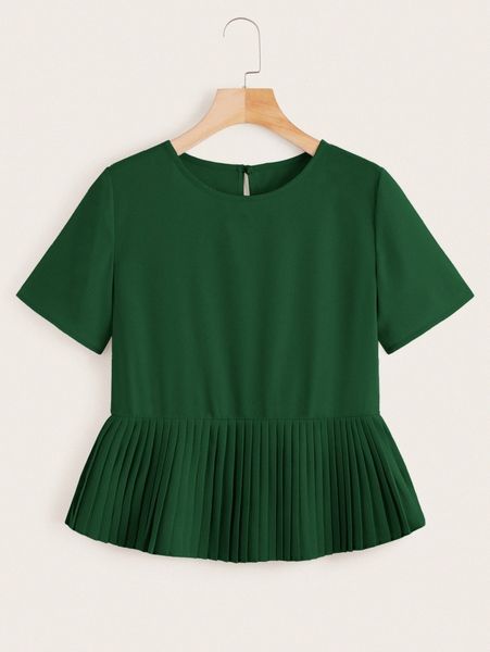 

solid button keyhole pleated hem blouse e2tt#, White