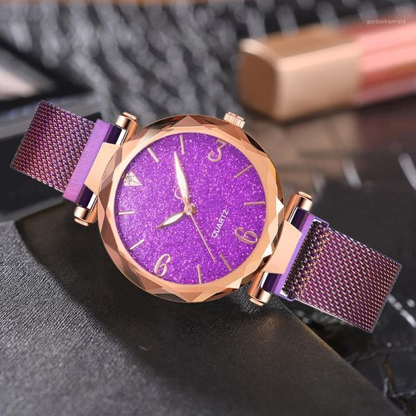 

wristwatches women simple watch magnetic starry sky lady wrist mesh female clock marcas famosas de lujo, Slivery;brown