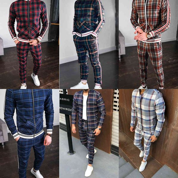 2020 conjuntos masculinos 3d conjuntos de impressão homem faixas homens grade de duas peças patchwork zíper tracksuits Pequeno perna calças suor sets x0610