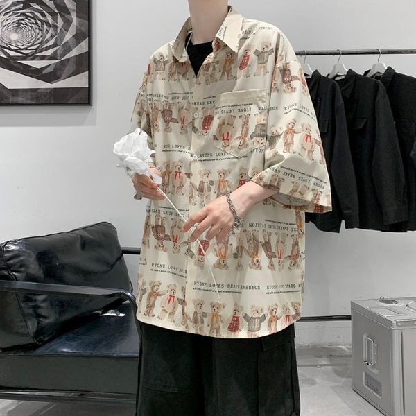 

men's casual shirts 2021 summer little bear print for men hawaii beach short sleeve streetwear couple clothing fashion hip hop, White;black