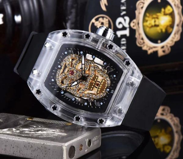 

wristwatches men's watches male hollow skull inlaid diamond chronograph multi-function silicone strap acrylic case man sport wristwatch, Slivery;brown