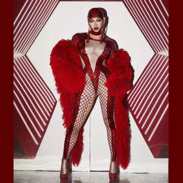 

glisten red rhinestone sequins jumpsuit cloak birthday party outfit set nightclub show leotard dance costume singer stage wear, Black;red
