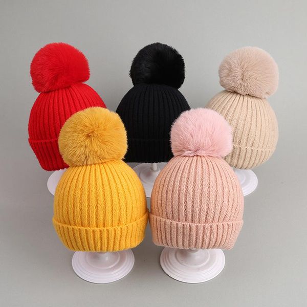 

caps & hats pompom kids hat autumn winter children girl boy beanie cap solid color knitted thick warm crochet bonnet accessories, Yellow