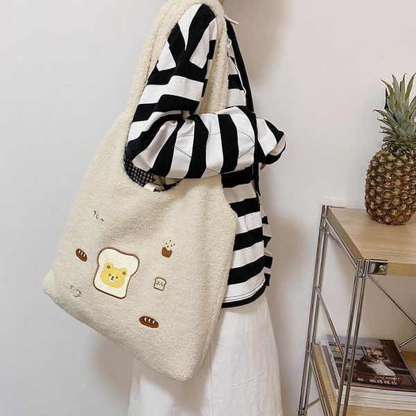 

waist bags women plush shoulder bag lamb like fabric handbag soft cotton canvas tote large capacity shopping cute book for girls