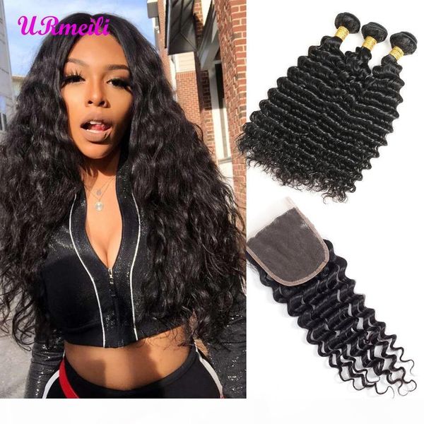 

brazilian deep wave bundles with closure human hair bundles with closure brazillian virgin hair 3 bundles with closure remy hair weave, Black;brown