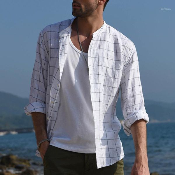 

plus size shirts cotton linen men shirt plaid long sleeve spring summer autumn voguehandsome shirt loose men clothes white1, White;black