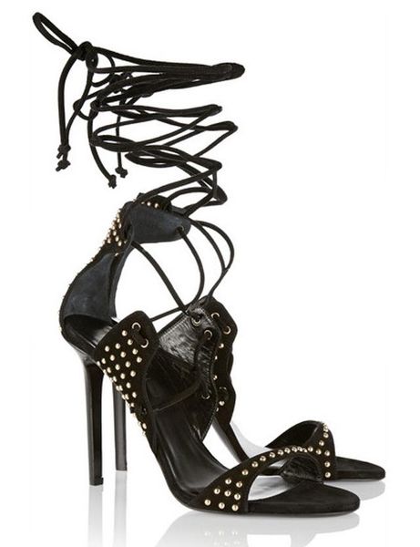

summer rivets studs suede bandage sandals thin high heels leg lace up shoes open toe crossed strap sandals boots shoes, Black