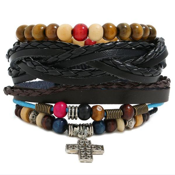 

tennis fashion wristband bracelet set vintage black leather multilayer wide wrap bangle cross beads charm hippie rock punk jewelry gift, Golden;silver