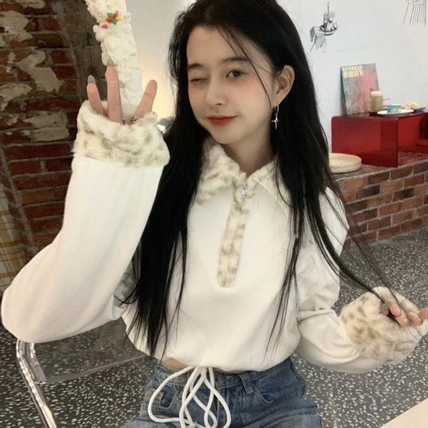 

women's hoodies & sweatshirts ins super contrast color milk leopard brushed hoody winter 2021 korean style loose and lazy short coat, Black