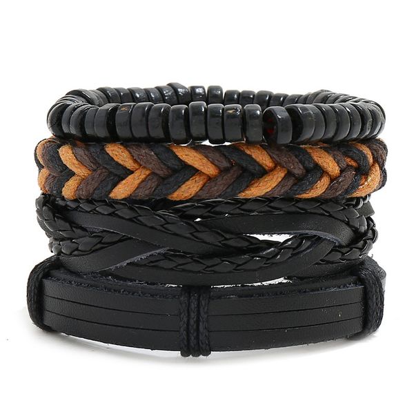 

bangles bracelet wooden bead set diy wax thread woven men's leather jewelry, Black