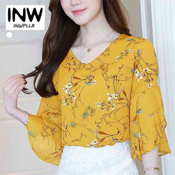 

female elegant v-neck flare sleeve blouse mujer floral printing shirts summer women fashion chiffon blusas femme 210730, White