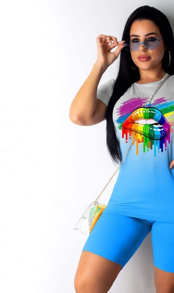 

sport women gradient lips two piece set o neck tee shorts jogger sweatpants suit tracksuit matching set outfit, Gray