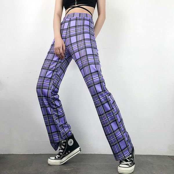 

women's pants & capris ins violet plaid straight female harajuku high waist personality streetwear fashion, Black;white