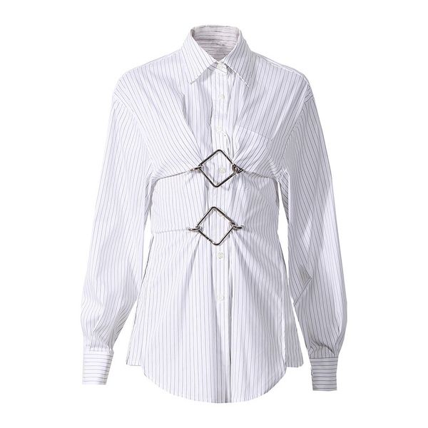 

2021 new spring autumn turn-down collar long sleeve white striped shirt runway loose casual women and bloues 68h7