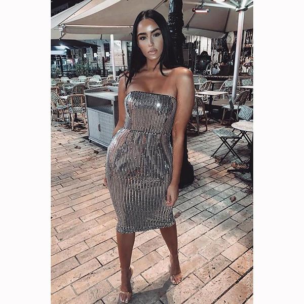 

2021 new arrival women sliver strapless off shoulder sleeveless vestidos celebrity evening party bandage dress wholesale, Black;gray