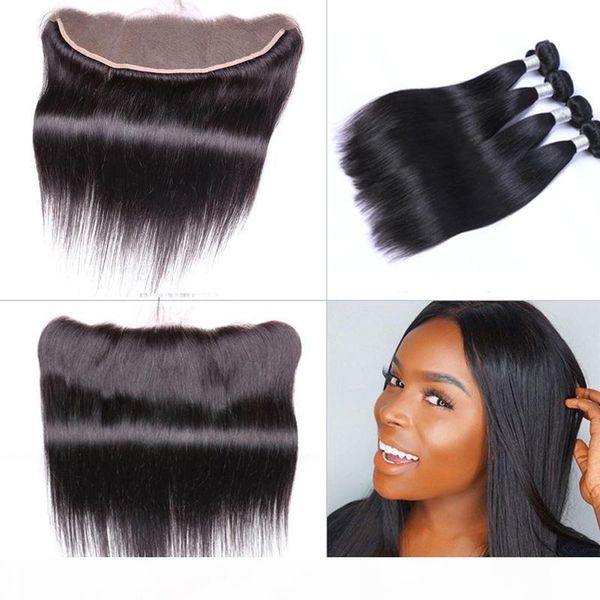 

brazilian straight human virgin hair weaves with 13x4 lace frontal ear to ear full head natural color can be dyed unprocessed human hair, Black