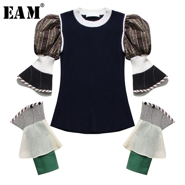 

[eam] women plaid split knitting temperament t-shirt new round neck long puff sleeve fashion tide spring summer 2021 1t923 210315, White